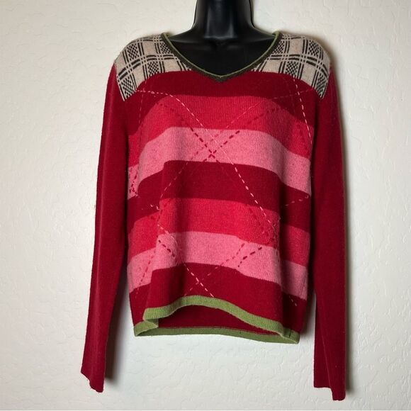 Vtg 90s Sweater Plaid Stripe pink Contrast Boxy Wool Oversized V Neck Express L - Picture 1 of 13